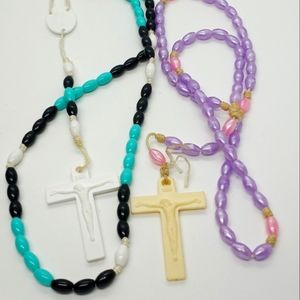 Two vintage plastic beaded five decade rosaries one signed olrm